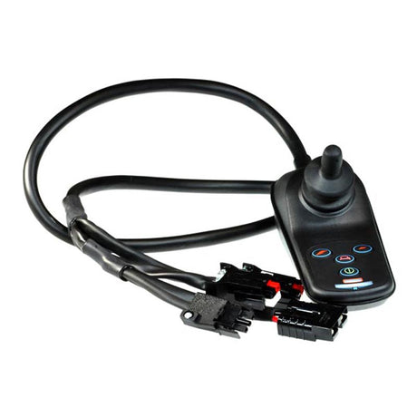 4 Key 70 Amp VSI Joystick with Flying Leads for the Quantum Q600 with MWD Glide Motors, featuring a close-up of a black remote control with connected wires, designed for power chair operation and control.