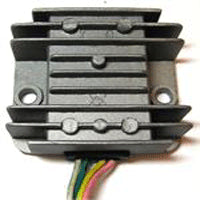 Close-up of a 4-Pin 1-Plug Rectifier (Voltage Regulator) for GY6 150cc Scooter Engines, showcasing its grey electronic casing and black metal component with multiple holes.