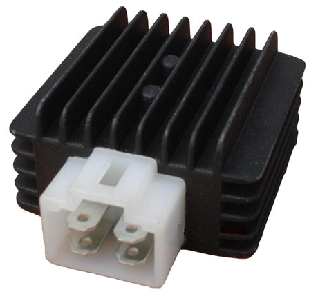 4-Pin Rectifier (Voltage Regulator) for the Coleman RB200 212cc Mini Bike, showcasing a close-up of the electronic device with visible electrical connectors, vital for preventing capacitor discharge and ensuring brighter lights.