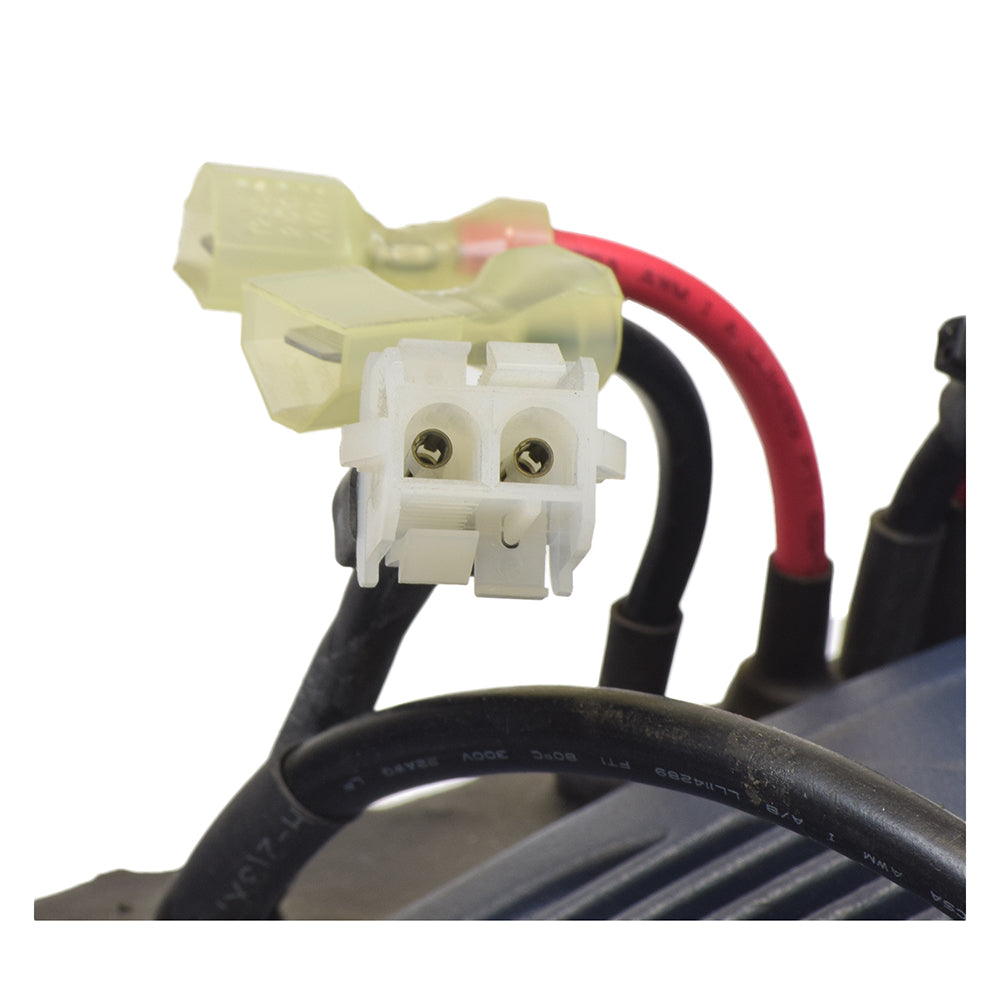 Close-up of the 40 Amp Curtis Controller for the Pride Revo (SC60) mobility scooter, highlighting its white plastic connectors and electrical wiring.