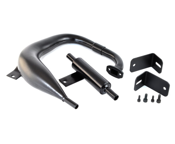 40cc/47cc Exhaust Pipe for Bladez & Tanaka Gas Powerkarts, shown as a close-up of a black pipe with attached screws, highlighting the detailed craftsmanship and essential components for replacement.