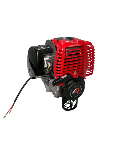 A red 40cc 4-stroke engine for ATVs, dirt bikes, and mini pit  bikes with black and silver components.