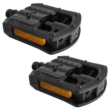 Folding Pedals for Electric Bikes (Set of 2) featuring a hard non-slip surface and yellow side reflectors, designed for easy folding and enhanced visibility in low light conditions.