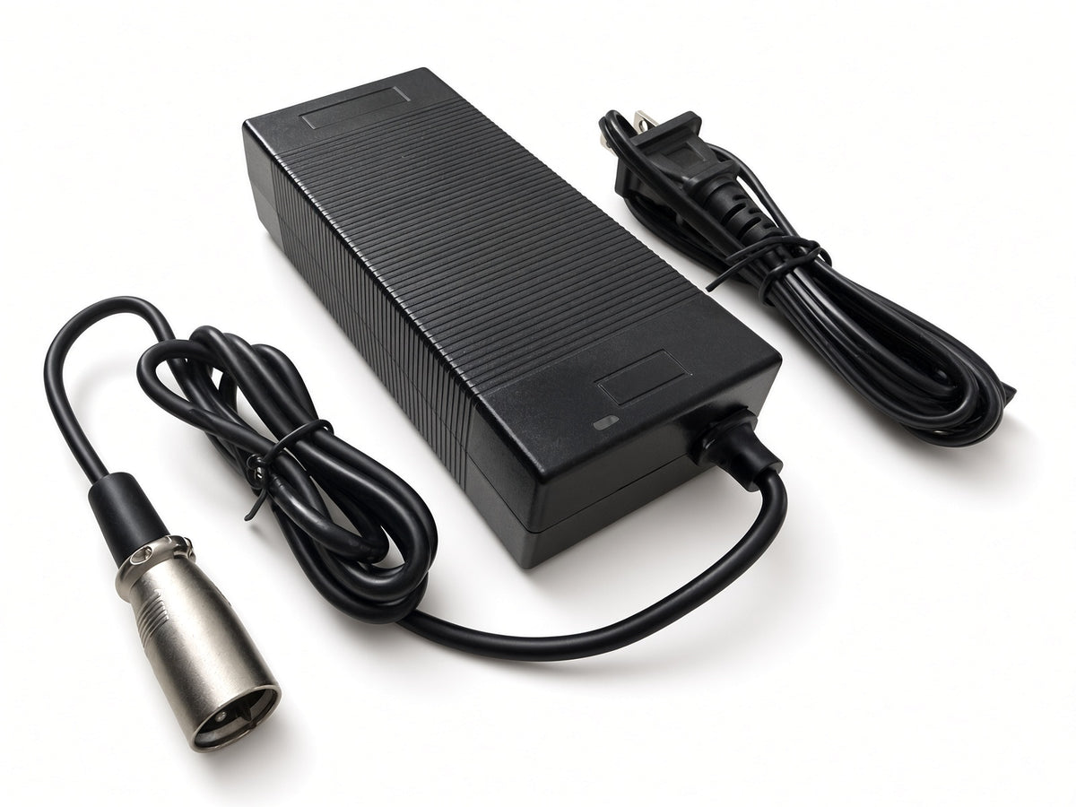 42 Volt 2.0 Amp lithium-ion battery charger with 3-pin XLR plug and AC power cord