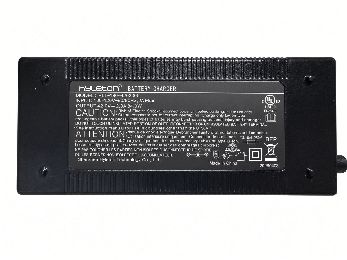 42V 2.0A lithium battery charger label, model HLT-180-4202000, input 100-120V 2A, output 42.0V 2.0A 84W, UL listed