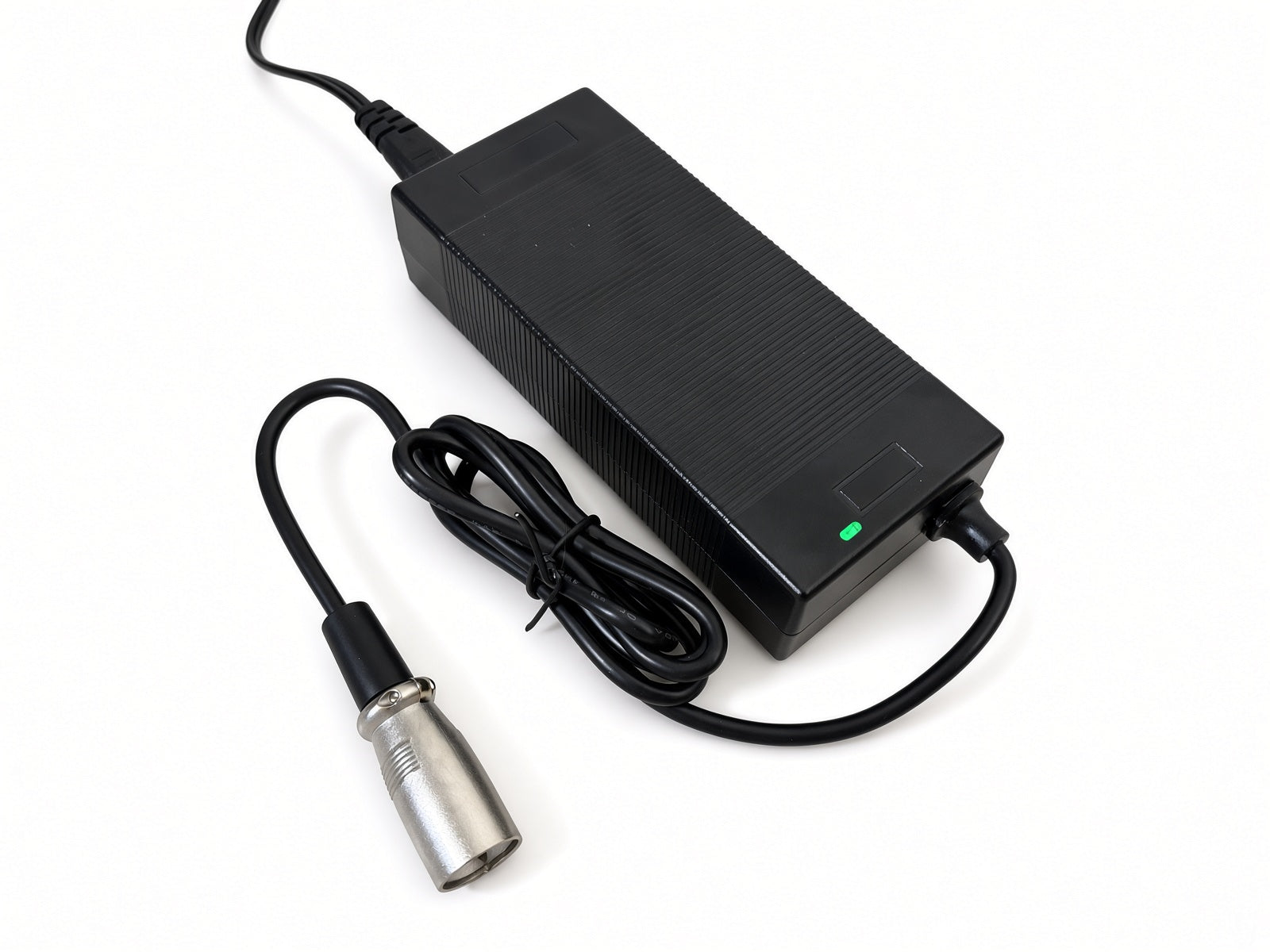 42V 2.0A XLR lithium battery charger with green charge indicator LED lit