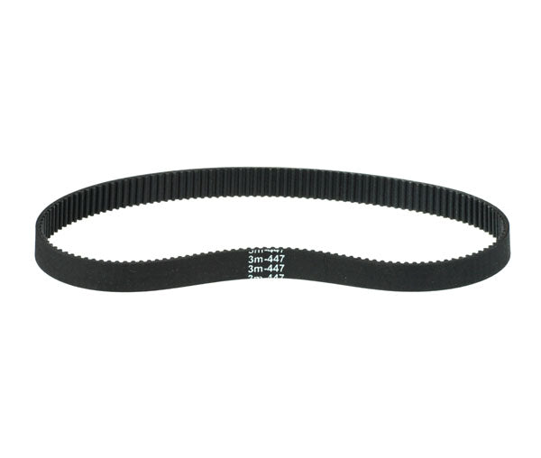 447-3M/12 Drive Belt for Razor E100 & Bladez Ion 150, featuring white text on a black belt. Ideal for replacing worn scooter belts, ensuring optimal performance for compatible models.