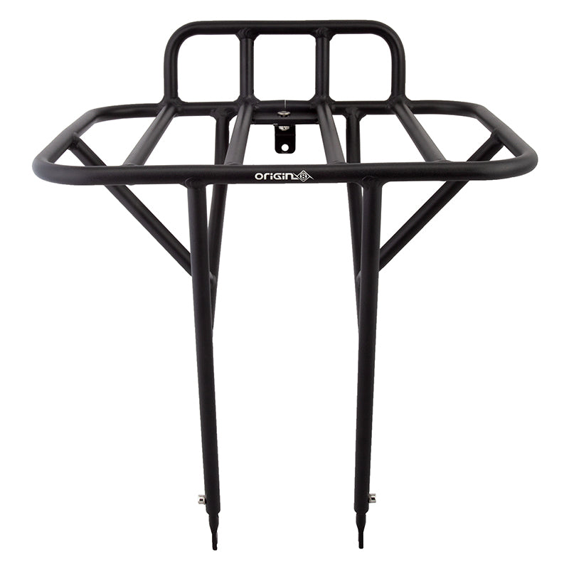 Rush Messenger Front Rack for Bikes: a black metal rack with four legs, designed to mount over the front wheel with adjustable struts for various bike frames, providing a sturdy cargo platform.