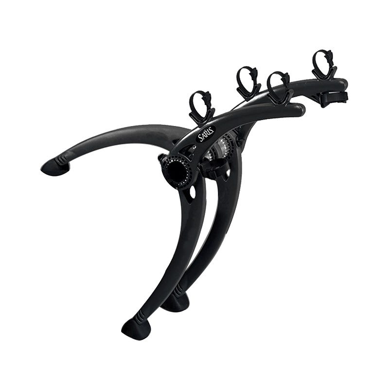 Bones 2-Bike Trunk Rack by Saris, a black stand with wheels and black handles, designed for various bike types, featuring adjustable straps and thermoplastic rubber foot pads for vehicle compatibility.