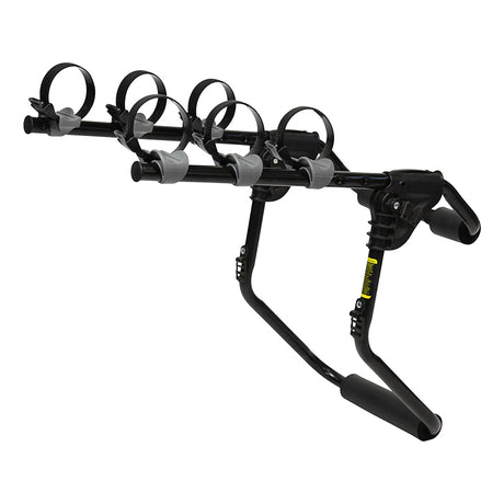 Guardian Trunk Rack with adjustable arms and ratcheting straps shown holding a bike handlebar securely in place, demonstrating its ability to fit various vehicles and protect finishes with coated hooks and pads.