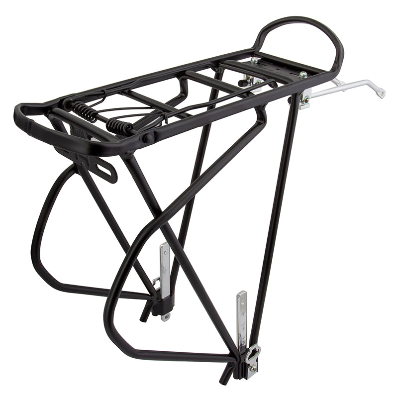 Heavy Duty Touring Spring Rack from Sunlite, featuring a robust black bicycle frame with metal parts. Designed for durability, fits bikes with 26, 27, and 700c wheels, adjustable rear carrier, and spring retention system.