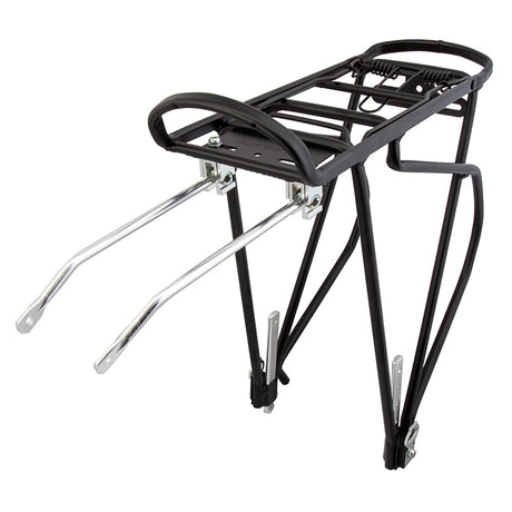 Heavy Duty Touring Spring Rack featuring a black metal structure with tubular 6061-T6 alloy construction, metal handles, and legs. Designed for bikes with 26, 27, and 700c wheels, supports up to 50 lbs.