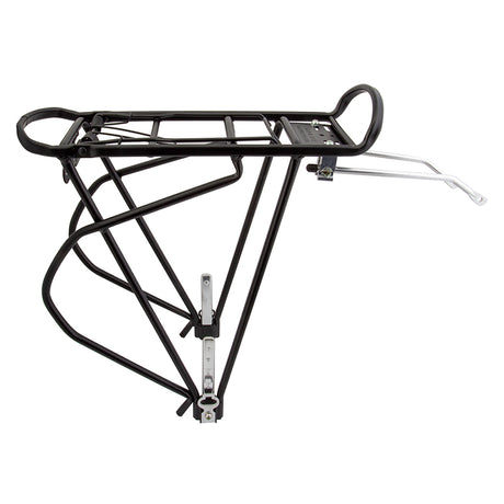 Heavy Duty Touring Spring Rack: A black, tubular 6061-T6 alloy bicycle rack with a metal frame, adjustable rear carrier, and spring retention system, designed for bikes with 26, 27, and 700c wheels.