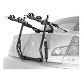 Express Trunk Rack mounted on a car, capable of carrying 2 or 3 bikes, featuring soft rubber cradles for bike protection and easy-to-use adjustment hubs.