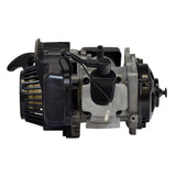 47cc Engine for Dirt Bikes, Mini Quad ATVs, & Pocket Bikes. Close-up of a black and silver 2-stroke gasoline engine, showcasing intricate machine components for custom projects and replacements.