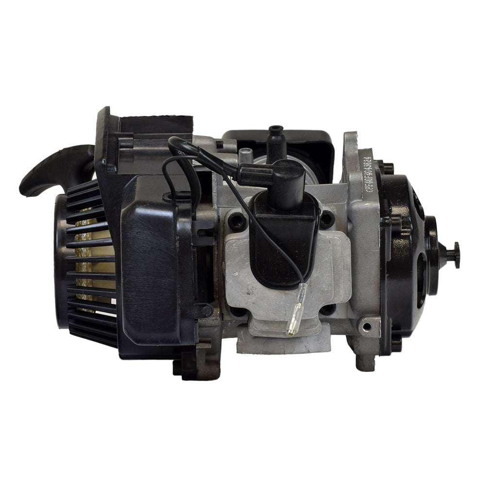 47cc Engine for Dirt Bikes, Mini Quad ATVs, & Pocket Bikes (Blemished) - Close-up of the black and silver 2-stroke gasoline engine with visible components, designed for various small vehicles and custom projects.