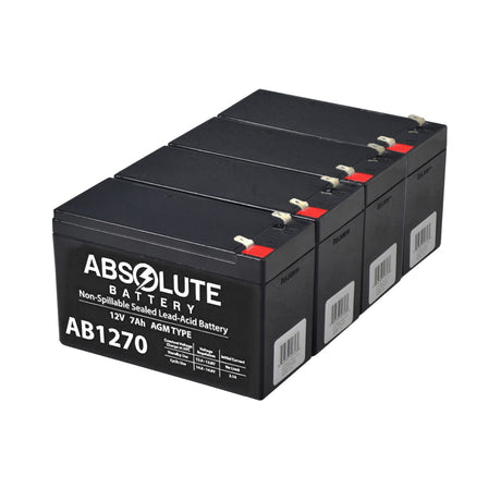 7 Ah 48 Volt AGM Battery Pack; a set of four sealed lead acid batteries designed for scooters, featuring visible barcodes and logos on the packaging.