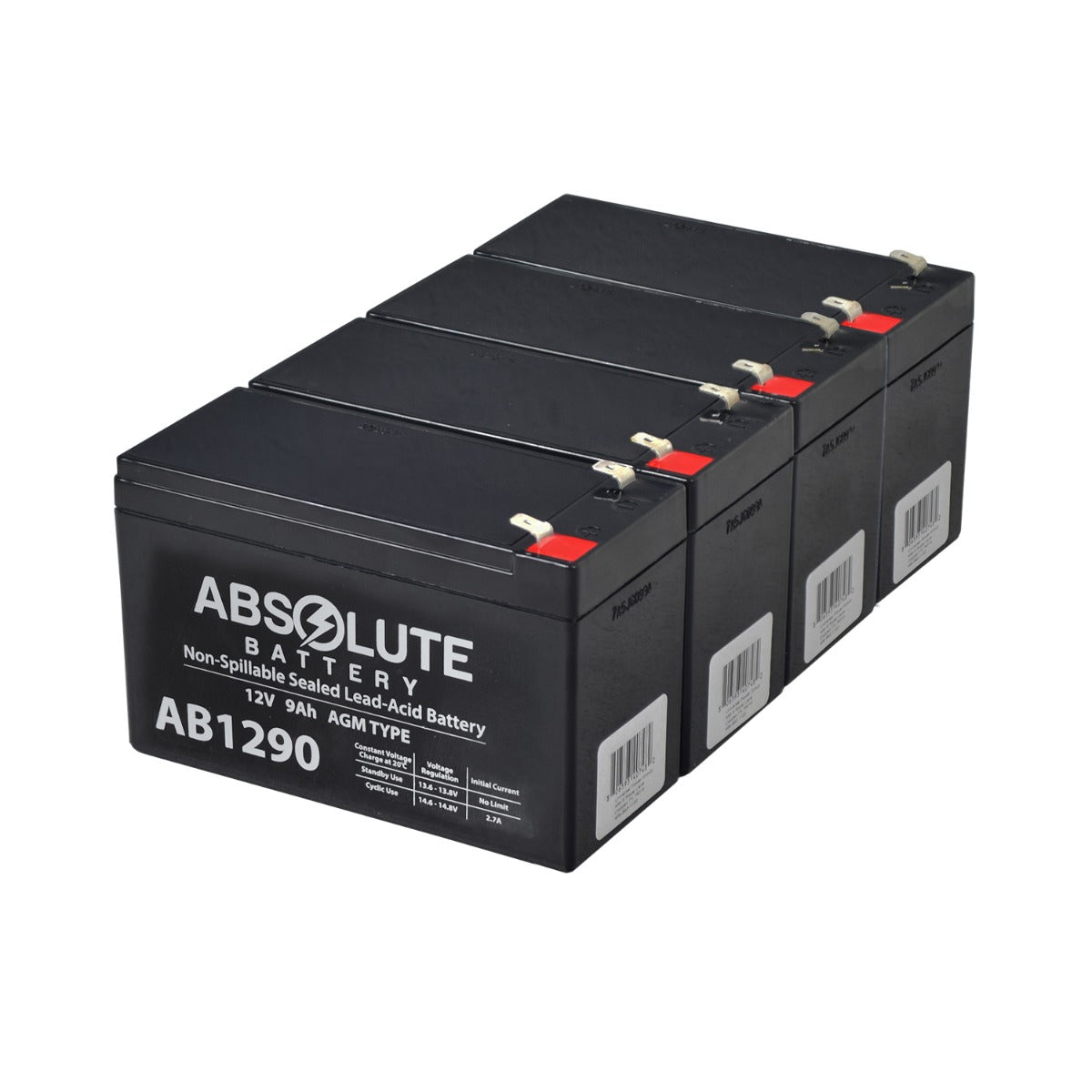 A group of 9 Ah 48 Volt UB1290 AGM Battery Packs arranged together, showcasing their black casing and barcode labels.