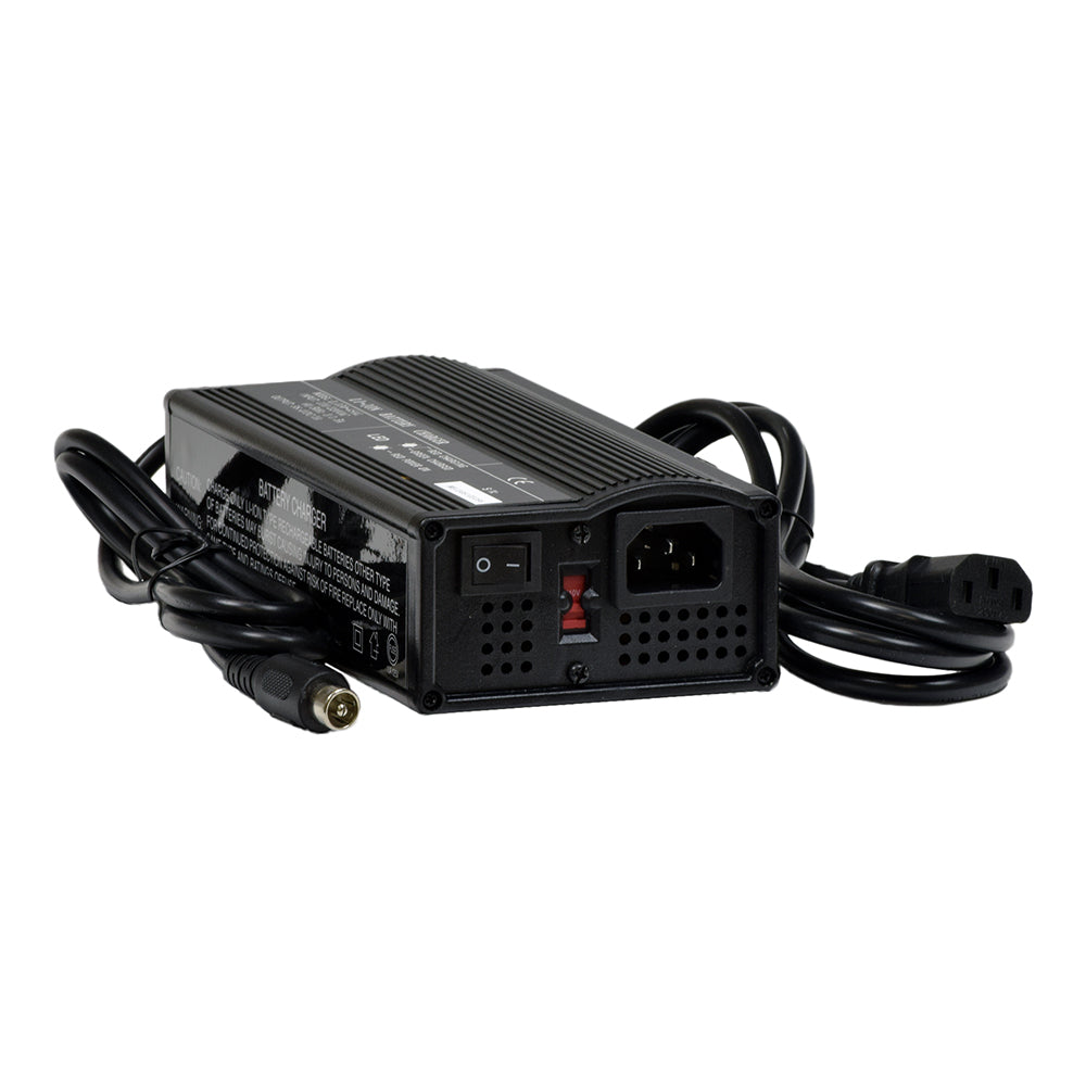 48 Volt 3.0 Amp Coaxial Lithium-iron (LiFePO4) Battery Charger for Electric Bikes, featuring a black power supply with attached wires and visible power cord, designed for safe and efficient e-bike battery charging.