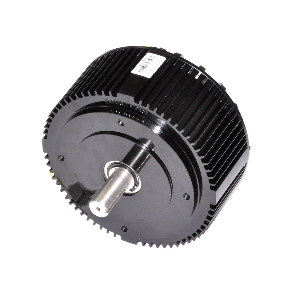 48 Volt 5000 Watt Brushless DC Motor for Scooters, Bikes, & Go-Karts. Features a black round body with a metal rod, aluminum casing, cooling fins, and a fan for air cooling.