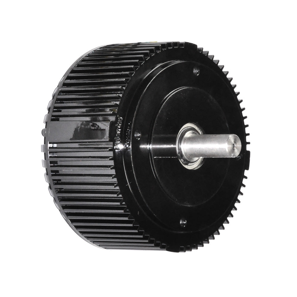 48 Volt 5000 Watt Brushless DC Motor for Scooters, Bikes, & Go-Karts, featuring a black circular body with a metal rod and cooling fins, designed for high-power eco-friendly applications.