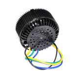 48 Volt 5000 Watt Brushless DC Motor for Scooters, Bikes, & Go-Karts featuring a compact, round black design with visible wires and an aluminum casing with cooling fins and a fan for air cooling.