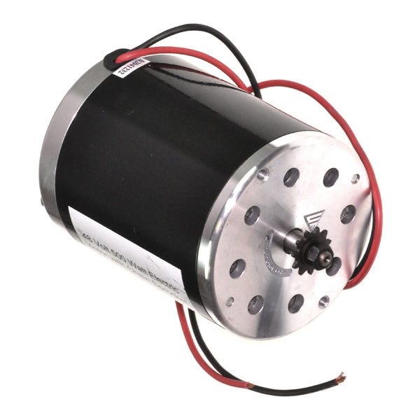 48 Volt 500 Watt Electric Motor with 11 Tooth for #25 Chain Sprocket, featuring a black and silver design with visible red wires, ideal for electric scooters and bikes.