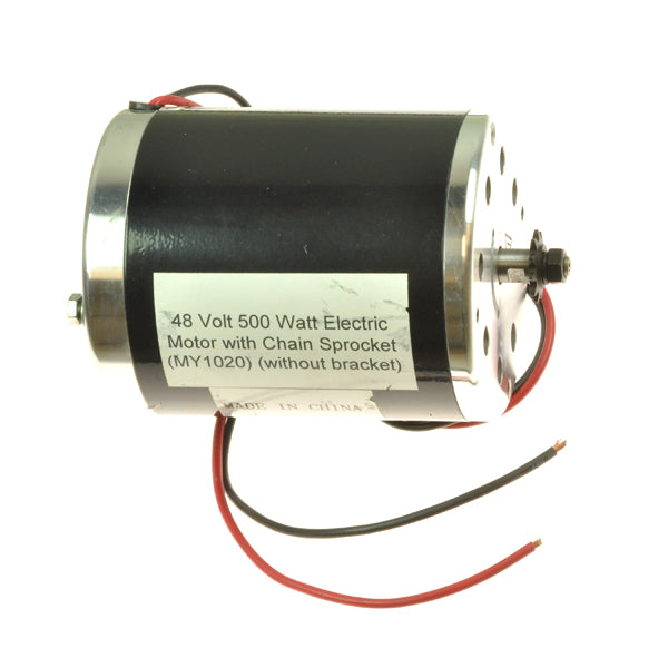 48 Volt 500 Watt Electric Motor with 11 Tooth for #25 Chain Sprocket; features red and black wires, a black and silver cylindrical body with a white label, suitable for electric scooters and bikes.