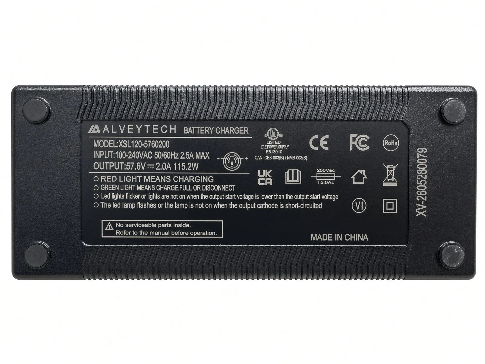 Data label on the AlveyTech 48 volt AGM scooter charger: 57.6V 2.0A output, 100-240VAC input