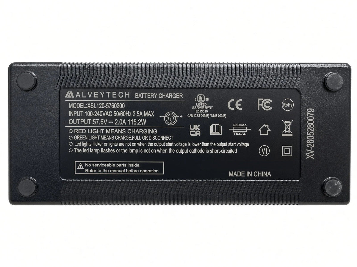 Data label on the AlveyTech 48 volt AGM scooter charger: 57.6V 2.0A output, 100-240VAC input