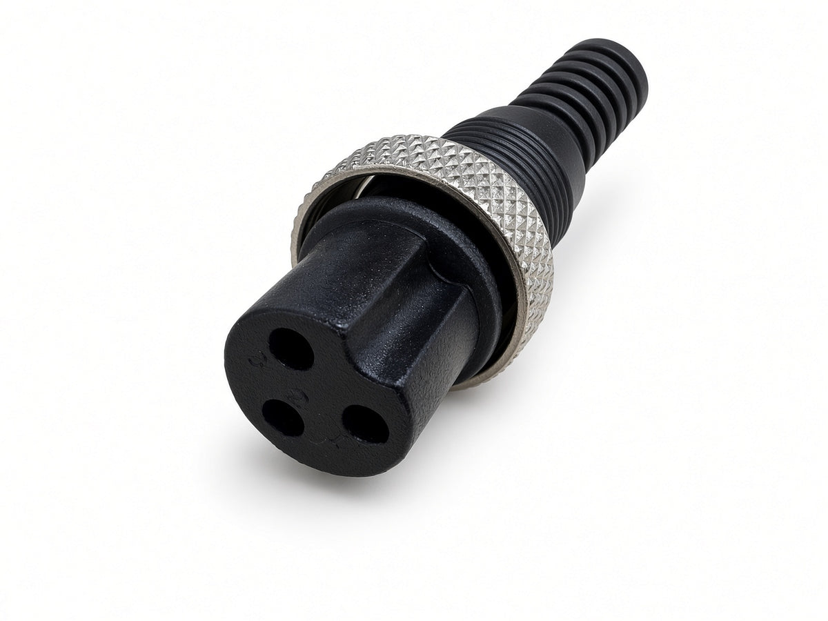 3-prong female charging plug with threaded metal locking collar on the 48 volt lithium-ion charger, Q50-5861