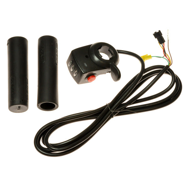 48 Volt Thumb Throttle for Brushless Electric Motors featuring a black handlebar with a red button, black wires, and an LED battery gauge.