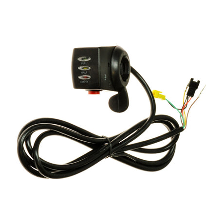 48 Volt Thumb Throttle for Brushless Electric Motors, featuring a wire, LED battery gauge, and an accessory button, designed for high-power motors but incompatible with Magic Pie 3 hub motors.