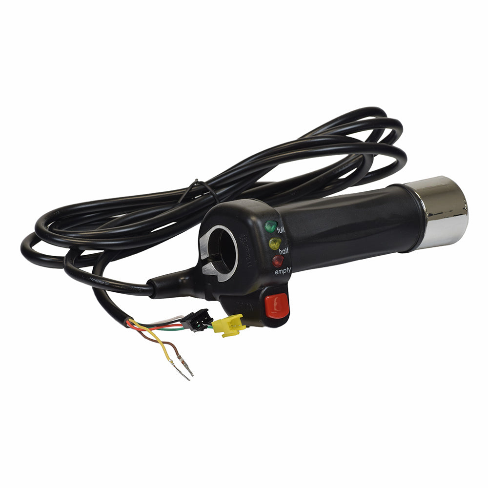 48 Volt Twist Grip Throttle for Brushless Electric Motors, showcasing a black handlebar with wires, a red button, an LED battery gauge, and a yellow plug for accessories.