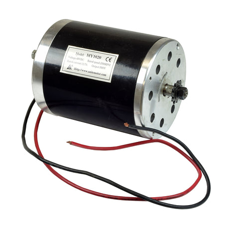 48 Volt 500 Watt MY1020 Electric Motor with 11 Tooth 8 mm 05T Chain Sprocket for Scooters, Bikes, & Go-Karts, featuring black and silver body with visible red wires and a close-up of gears.