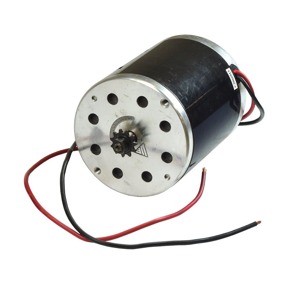 48 Volt 500 Watt MY1020 Electric Motor with 11 Tooth 8 mm 05T Chain Sprocket, featuring black and silver casing and red and black wires, designed for scooters, bikes, and go-karts.