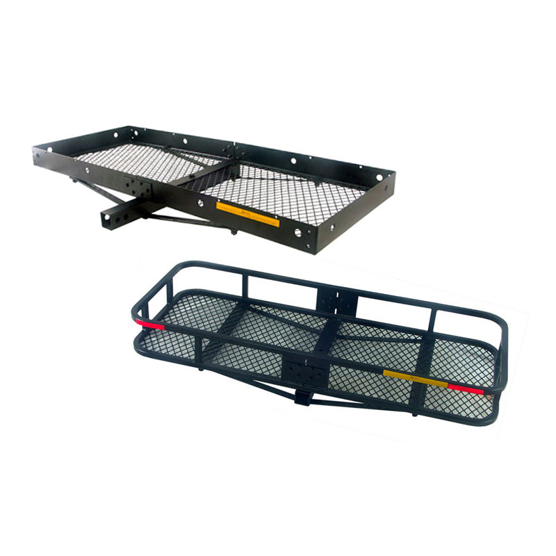 48 x 20 Steel Cargo Carrier mounted on a Class III hitch, featuring black metal construction with reinforced support rails and mesh bottom, visible red stripes on the sides.