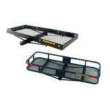 48 x 20 Steel Cargo Carrier mounted on a Class III hitch, featuring black metal construction with reinforced support rails and mesh bottom, visible red stripes on the sides.