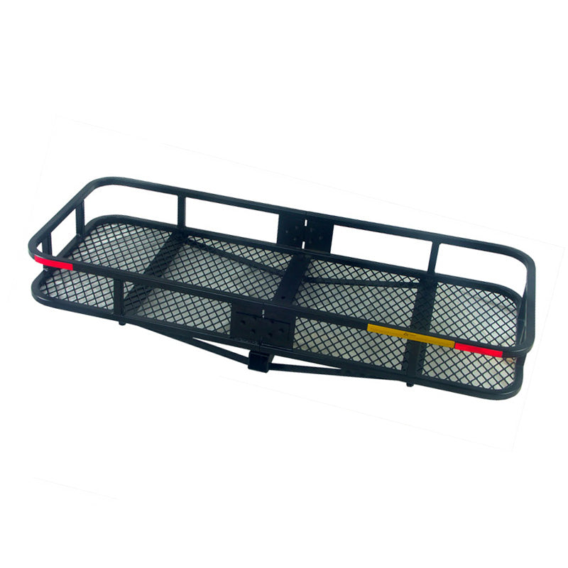 48 x 20 Steel Cargo Carrier with black metal construction and optional 3 or 5-1/2 high rails, designed for Class III hitch receivers, capable of hauling up to 500 lbs.