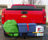 48 x 20 Steel Cargo Carrier mounted on a red truck, showcasing green bag and blue coolers, highlighting its strong steel construction and ample cargo space for up to 500 lbs.