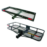 48 x 20 Steel Cargo Carrier with Tow Option, featuring a sturdy black metal rack with wire mesh bed, ideal for hauling up to 500 lbs. Includes built-in rear Class III hitch for towing.