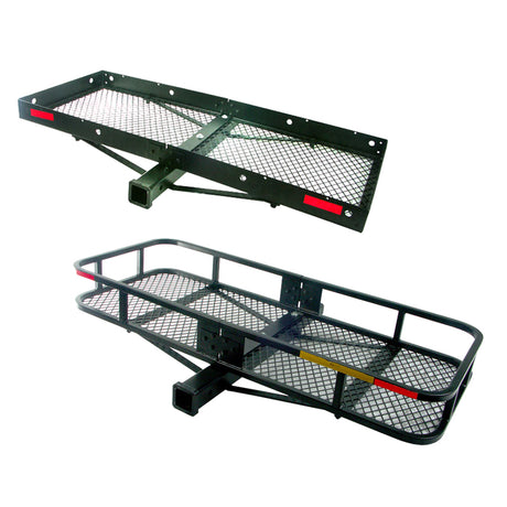 48 x 20 Steel Cargo Carrier with Tow Option, featuring a sturdy black metal rack with wire mesh bed, ideal for hauling up to 500 lbs. Includes built-in rear Class III hitch for towing.