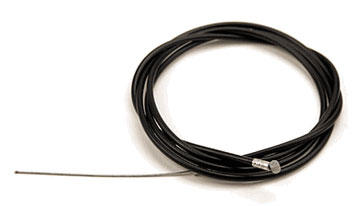 Close-up of a 49 scooter brake cable with a black sleeve and metal tip, suitable for various recreational scooters but not street legal models.