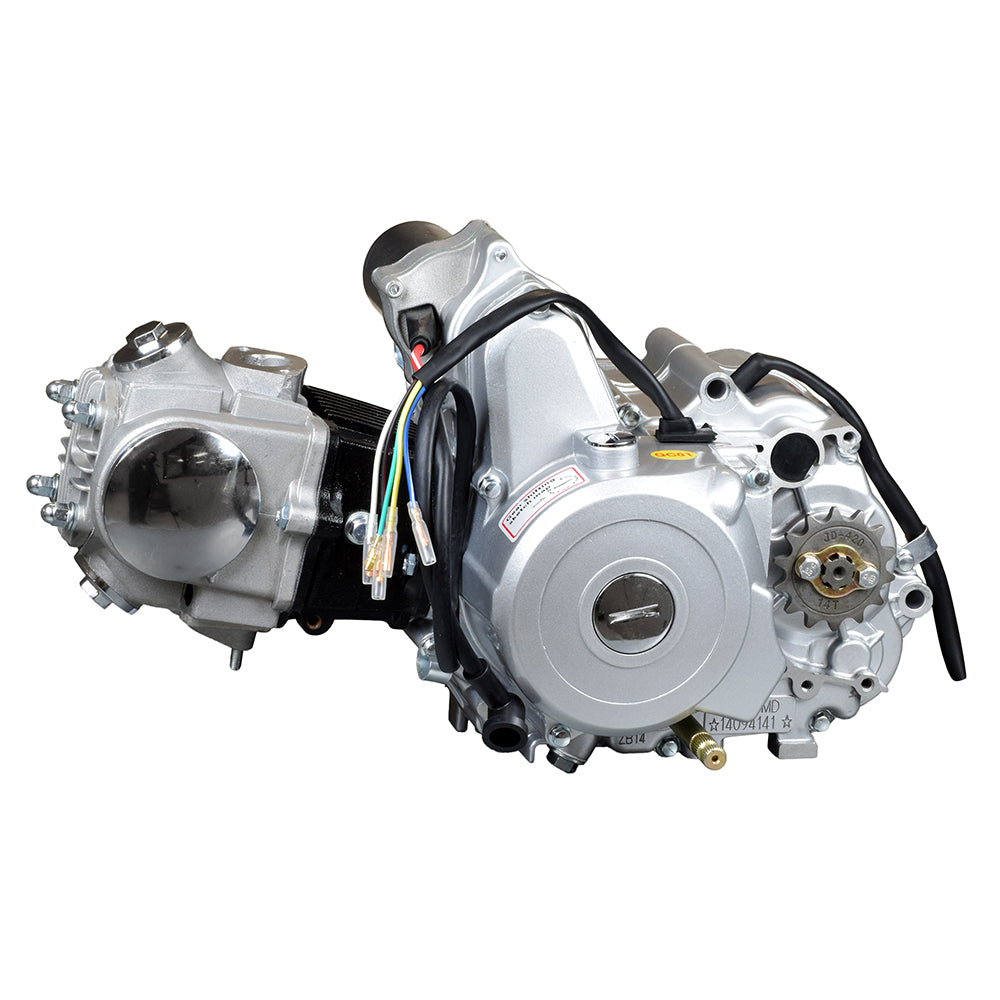 50cc 4-Stroke Auto-Clutch Electric Start Honda-Clone ATV Engine with visible wires, round component, and label. Includes chain cover, intake manifold extension, gaskets, and carburetor mounting hardware.