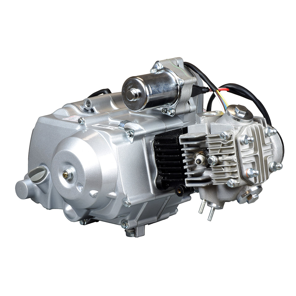 50cc 4-Stroke Auto-Clutch Electric Start Honda-Clone ATV Engine with visible black wires, spark plug, and mechanical components, including chain cover and carburetor mounting hardware.