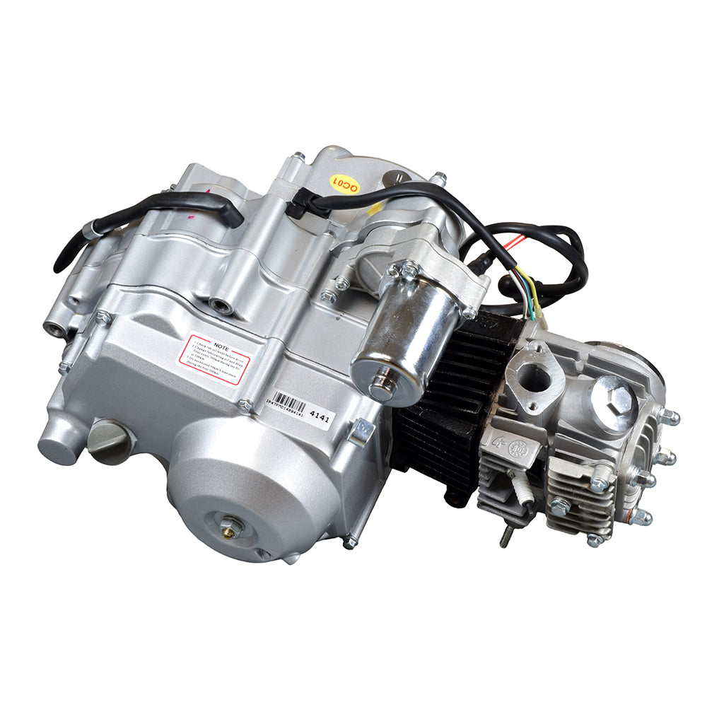 50cc 4-Stroke Auto-Clutch Electric Start Honda-Clone ATV Engine with visible black wires and close-up of intricate engine parts, including carburetor joint and chain cover.