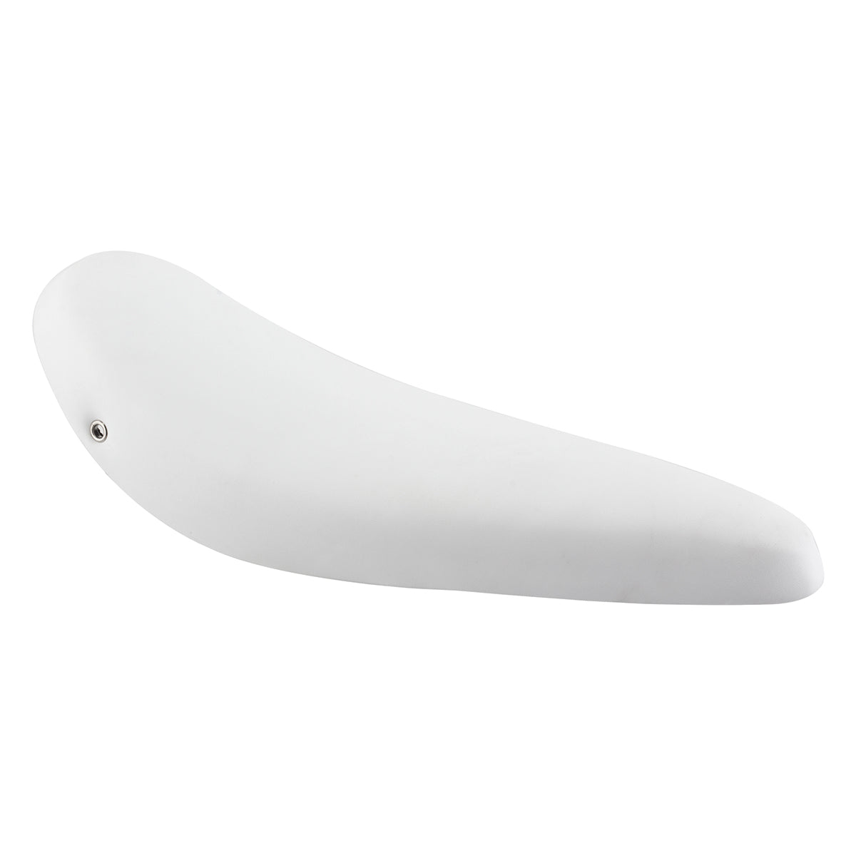 Retro Banana Polo Saddle Seat for Bikes & Scooters featuring a sleek white design with visible screws for mounting. Perfect for vintage or custom bike restorations, offering a classic retro look.