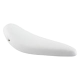 Retro Banana Polo Saddle Seat for Bikes & Scooters featuring a sleek white design with visible screws for mounting. Perfect for vintage or custom bike restorations, offering a classic retro look.