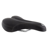 Sport Uno-S Bicycle Saddle Seat (Origin8) with white contrast stitching, featuring a close-up of the multi-relief gel chassis and gel foam material, highlighting the steel saddle rails for support.