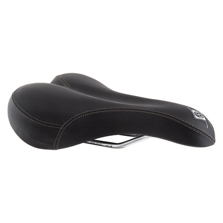 Sport Uno-S Bicycle Saddle Seat (Origin8) with white contrast stitching, featuring a close-up of the multi-relief gel chassis and gel foam material, highlighting the steel saddle rails for support.